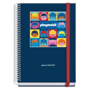 Dohe Prime Playmobil Agenda Escolar 26/27 - Formato A5 - Semana Vista - Papel Offset Ahuesado 70g - Cubierta de Carton Plastificado - Espiral - Goma - 15x21x2cm - Color Azul Marino