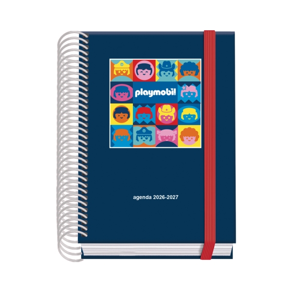 Dohe Prime Playmobil Agenda Escolar 26/27 - Formato A6 - Dia Pagina - Papel Offset Ahuesado 70g - Cubierta de Carton Plastificado - Espiral - Goma - 12x17x3cm - Color Azul Marino