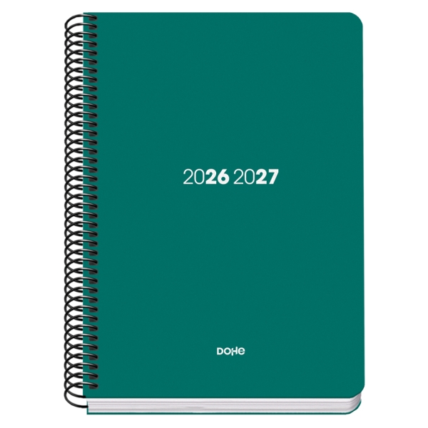 Dohe Basic Element Agenda Escolar 26/27 - Formato A5 - Dia Pagina - Papel Offset Ahuesado 70g - Cubierta de Carton Plastificado - Espiral Metalica - Goma - 15x21x4cm - Color Verde