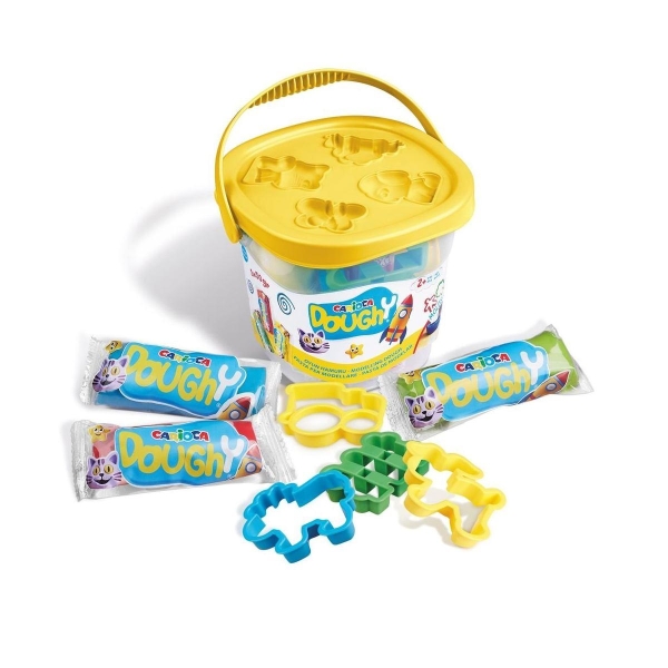 Carioca Doughy Cubo con 3 Paquetes de Pasta de Modelar 50gr + 4 Moldes - Blanda y Flexible - Facil de Amasar y Moldear - Ideal para Iniciacion al Modelaje - Tapa de Colores Surtidos Aleatorios
