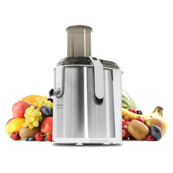 Cecotec StrongTitanium 19000 XXL Licuadora Orbital - 2000W - 19000rpm - Deposito de 2L - Jarra de Zumo 950ml - Boquilla Antigoteo - Base Antideslizante - Entrada XXL de 75mm - Color Acero y Blanco