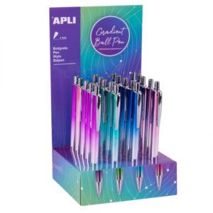 Apli Gradient Expositor con 20 Boligrafos Metalicos Retractiles - Punta de 1mm - Tinta Color Azul - Colores Gradient Surtidos