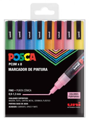 Posca PC3ML Pack de 8 Marcadores de Pintura - Punta Conica 0.9-1.3mm - Tinta Base al Agua - Resistente a la Luz - Ideal para Carteleria y Decoracion - Colores Purpurina Surtidos