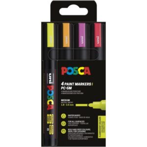 Posca PC-5M Pack de 4 Marcadores de Pintura - Punta de Bala 1.8-2.5mm - Tinta Base al Agua - No Permanente - Resistente a la Luz - Colores Fluor Surtidos