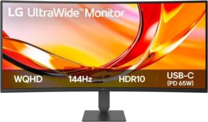 LG Ultrawide Monitor 34" Curvo 1800R VA QHD 144Hz HDR10 AMD FreeSync Premium - Respuesta 5ms - 21:9 - Ajustable en Altura, Inclinable - HDMI, Displayport, USB-C - VESA 100x100 - Color Negro