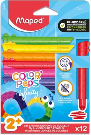 Maped Color`Peps Infinity Jumbo Pack de 12 Lapices de Colores de Larga Duracion - Hecho Totalmente de Mina - Colores Surtidos