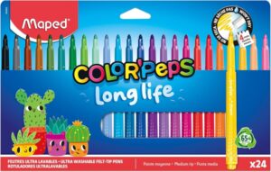 Maped Color`Peps Longlife Pack de 24 Rotuladores con Punta Media Bloqueada 3.7mm - Tinta Lavable - Colores Surtidos
