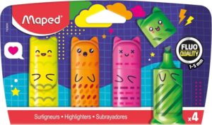 Maped Kawaii Pack con 4 Mini Marcadores Fluorescentes Neon - Divertidos Diseños Kawaii - Trazo de 1 a 5mm - Ideal para Subrayar y Resaltar - Colores Surtidos