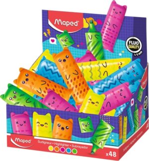 Maped Kawaii Expositor con 48 Mini Marcadores Fluorescentes Neon - Divertidos Diseños Kawaii - Trazo de 1 a 5mm - Ideal para Subrayar y Resaltar - Colores Surtidos