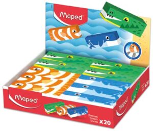 Maped Expositor de 20 Gomas de Borrar con 3 Diseños de Animales - Forma Rectangular - Sin Ftalatos - Colores Surtidos