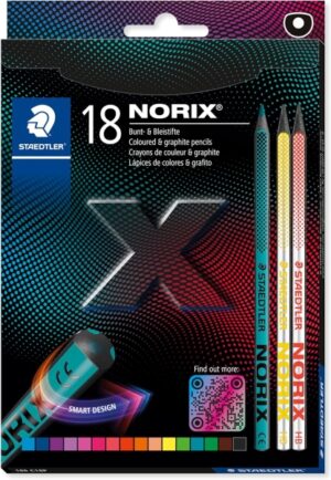 Staedtler Norix 186 Pack de 16 Lapices de Colores HB + 2 Lapices de Grafito - Madera Negra - Mina de Grafito - Diseño Inteligente - Para Escribir, Dibujar y hacer Bocetos