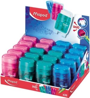 Maped Connect Duo Afilaborra de 2 Orificio con Goma de Borrar - Deposito de Gran Capacidad - Forma Ergonomica - Cuerpo Translucido de Colores Surtidos