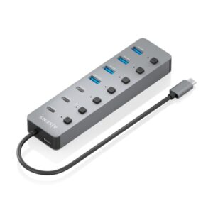 Aisens Hub USB-C 3.2 Gen2 10G - 4xUSB-A - 3xUSB-C - 1xUSB-C PD3.0 100W - Botones de Encendido/Apagado en Cada Puerto - 30cm - Color Gris