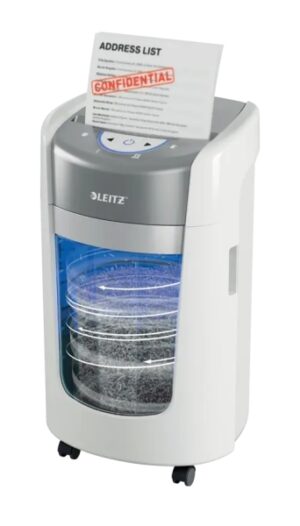 Leitz IQ OptiMax Home Office 225 Destructora de Papel Manual DIN P5 - Destruye hasta 6 Hojas - Tiempo de Funcionamiento Continuo 20m - Papelera de 15L con Tecnologia de Giro - Color Blanco/Gris