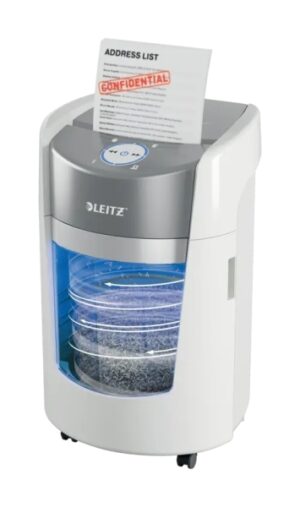 Leitz IQ OptiMax Home Office 350 Destructora de Papel Manual DIN P5 - Destruye hasta 8 Hojas - Tiempo de Funcionamiento Continuo 20m - Papelera de 22L con Tecnologia de Giro - Color Blanco/Gris