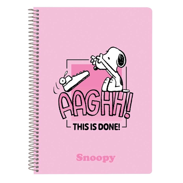 Safta Snoopy Libreta con Espiral - Formato Cuarto - 80 Hojas de 80g/m2 - Cuadricula 4x4mm - Tapas Duras Glasofonadas - 15.5x22x1cm - Color Rosa
