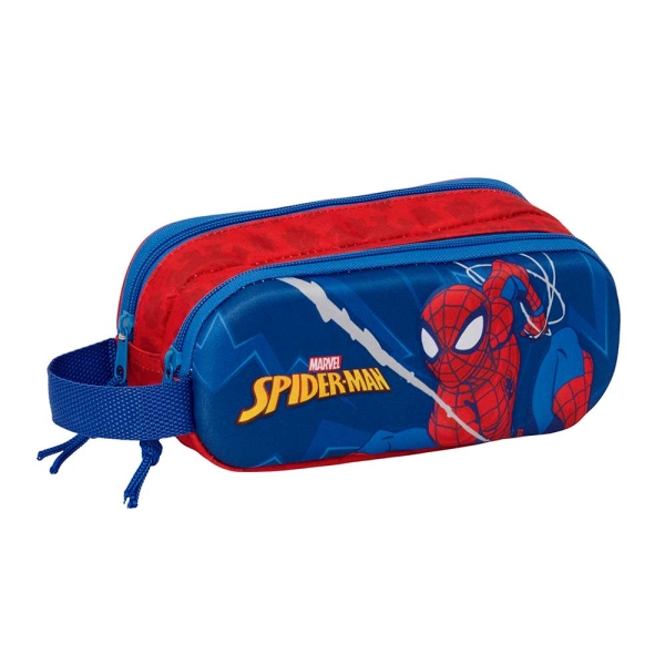 Safta Spider-Man Portatodo 3D - 2 Compartimentos con Cremallera - Asa Lateral - Capacidad 1L - 21x8x6cm - Color Rojo y Azul