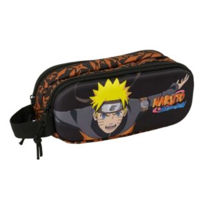 Safta Naruto Portatodo 3D - 2 Compartimentos con Cremallera - Asa Lateral - Capacidad 1L - 21x8x6cm - Color Negro y Naranja