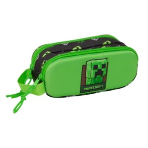 Safta Minecraft Portatodo 3D - 2 Compartimentos con Cremallera - Asa Lateral - Capacidad 1L - 21x8x6cm - Color Verde y Negro