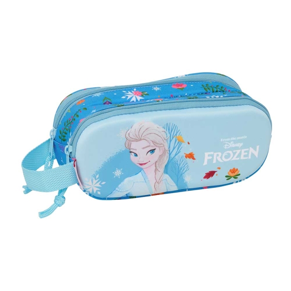 Safta Frozen 3D Portatodo 3D - 2 Compartimentos con Cremallera - Asa Lateral - Capacidad 1L - 21x8x6cm - Color Azul Claro