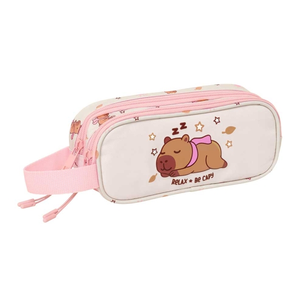 Safta Capibara Portatodo - 2 Compartimentos con Cremallera - Asa Lateral - Capacidad 1L - 21x8x6cm - Color Rosa Pastel