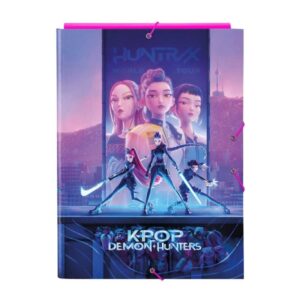 Safta K-Pop Demon Hunters Carpeta de 3 Solapas - Formato Folio - Cierre con Gomas Elasticas - Tapas Duras Forradas - 26x33.5x2.5cm - Multicolor