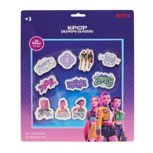 Safta K-Pop Demon Hunters Pack de 10 Gomas de Borrar - 10 Motivos Diferentes - Presentado en Blister - 25x30cm - Multicolor