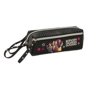 Safta K-Pop Demon Hunters Energy Portatodo - 3 Compartimentos con Cremallera - Goma Elastica - Compacto - 22x8.5x6cm - Color Negro
