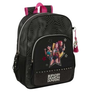 Safta K-Pop Demon Hunters Energy Mochila - Adaptable a Carro - Bolsillo Frontal - Portabotellas - Cremallera con Doble Tirador - Asa de Mano - Espalda Acolchada - 33x42x14cm - Color Negro y Rosa