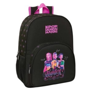 Safta K-Pop Demon Hunters Mochila - Adaptable a Carro - Bolsillo Frontal - Portabotellas - Cremallera con Doble Tirador - Asa de Mano - Hombreras y Espalda Acolchada - 33x42x14cm - Color Negro y Rosa