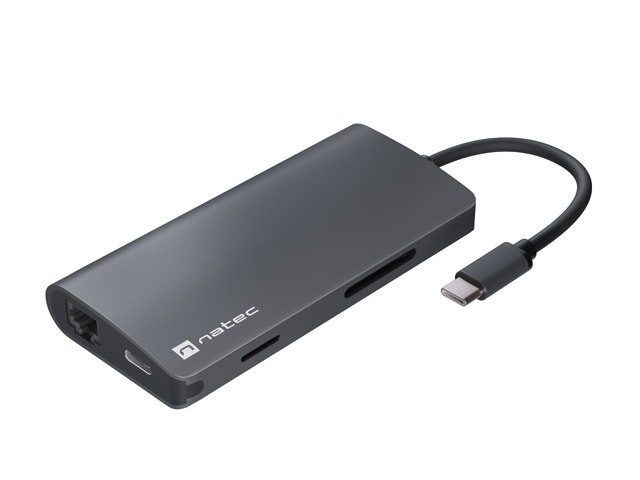 Natec Fowler 2 Adaptador Multipuerto 8en1 - USB-C a USB 3.0, HDMI 4K, RJ45, SD, MICRO-SD - Color Gris