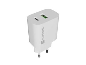 Natec Ribera Cargador de Pared 20W - 1xUSB-A + 1xUSB-C - Carga Rapida - 2 Dispositivos Simultaneos - Color Blanco