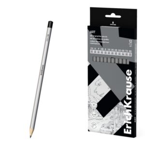 ErichKrause Art Pack de 12 Lapices de Grafito - Durezas Surtidas 2H-8B - Cuerpo Hexagonal - Pegado Completo de la Mina - Facil Afilado - Color Plata