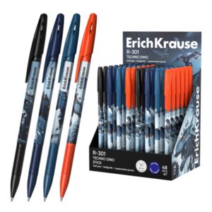 ErichKrause R-301 Stick Techno Dino Expositor con 48 Boligrafos con Capuchon - Modelos Surtidos - Trazo 0.35mm - Tinta de Secado Rapido - Tapa Ventilada - Color Azul