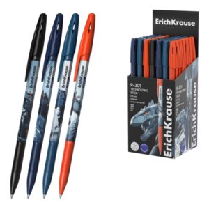 ErichKrause R-301 Stick Techno Dino Boligrafo con Capuchon - Modelos Surtidos - Trazo 0.35mm - Tinta de Secado Rapido - Tapa Ventilada - Color Azul