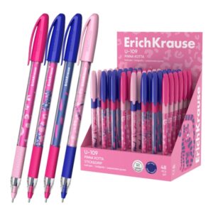 ErichKrause U-109 Stick and Grip Pinna Kotta Expositor con 48 Boligrafos con Capuchon - Modelos Surtidos - Trazo 0.3mm - Zona de Agarre de Goma - Tinta de Baja Viscosidad - Tapa Ventilada - Color Azul