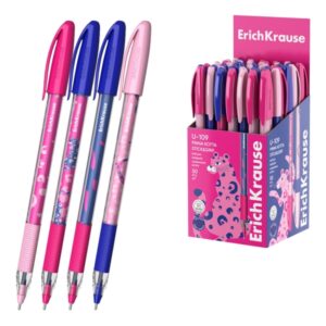 ErichKrause U-109 Stick and Grip Pinna Kotta Boligrafo con Capuchon - Modelos Surtidos - Trazo 0.3mm - Zona de Agarre de Goma - Tinta de Baja Viscosidad - Tapa Ventilada - Color Azul