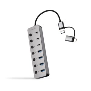 Nanocable Hub USBA/USB-C - 4x USB-A + 3x USB-C 3.0 + USB-C 5V - Interruptores Individuales ON/OFF - Cable 18cm - Color Plata