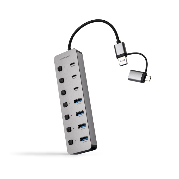 Nanocable Hub USBA/USB-C - 4x USB-A + 3x USB-C 3.0 + USB-C 5V - Interruptores Individuales ON/OFF - Cable 18cm - Color Plata