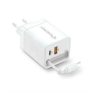 Energy Sistem Retractable Charger Cargador GaN 20W - 1x USB-C PD, 1xUSB-A + Cable USB-C 60cm Retractil - Carga Inteligente y Rapida - Control de Temperatura y Sobretension - Color Blanco