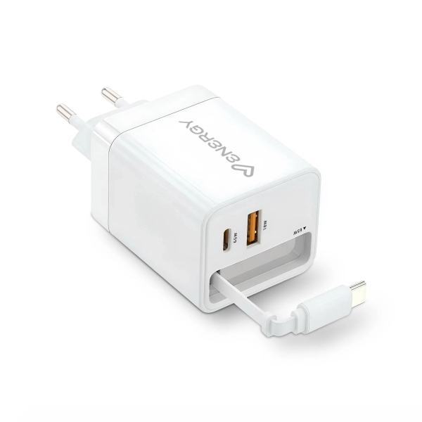 Energy Sistem Retractable Charger Cargador GaN 20W - 1x USB-C PD, 1xUSB-A + Cable USB-C 60cm Retractil - Carga Inteligente y Rapida - Control de Temperatura y Sobretension - Color Blanco
