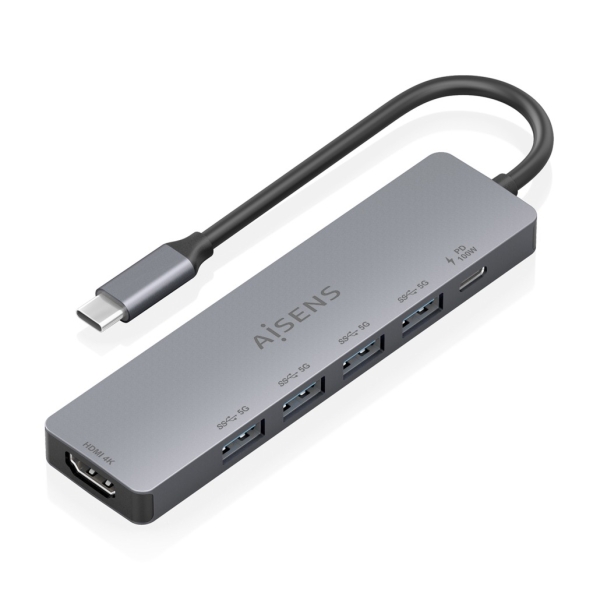 Aisens USB-C Dock 6 en 1 - USB-C a 1xHDMI - 4xUSB-A - 1xUSB-C PD 100W - 15cm - Color Gris