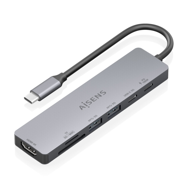 Aisens USB-C Dock 7 en 1 - USB-C a 1xHDMI - 2xUSB-A - 1xUSB-C - 1xUSB-C PD 100W - 1xSD - 1xMicroSD - 15cm - Color Gris