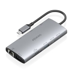 Aisens USB-C Dock 10 en 1 - USB-C a 1xHDMI - 1xDisplayport - 1xRJ45 - 1xUSB-A 5G - 2xUSB-C 10G - 1xUSB-C PD 100W - 1xSD - 1xMicroSD - 20cm - Color Gris