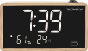 Thomson Radio Reloj Despertador con Proyeccion - Radio FM - Visualizacion Temperatura Interior - Angulo Proyeccion Ajustable - Color Madera