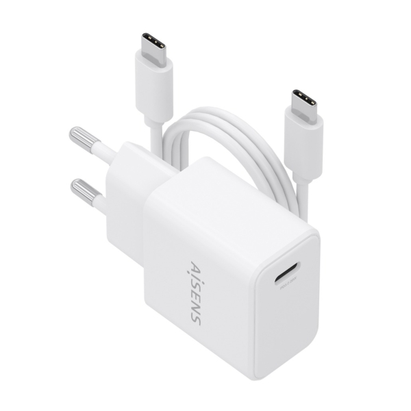 Aisens Cargador Gan 20W - 1xUSB-C PD3.0 - Cable USB-C 1m - Color Blanco