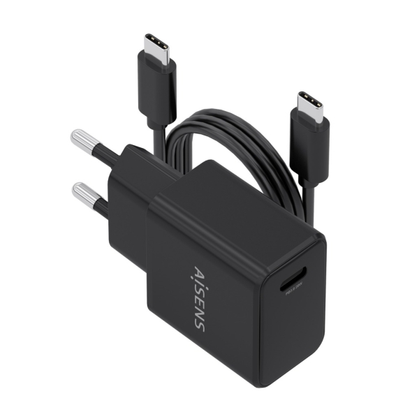 Aisens Cargador Gan 20W - 1xUSB-C PD3.0 - Cable USB-C 1m - Color Negro