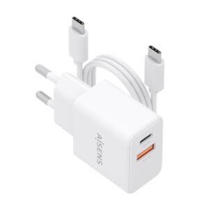 Aisens Cargador Gan 20W - 1xUSB-C PD3.0 - 1xUSB-A QC3.0 - Cable USB-C 1m - Color Blanco