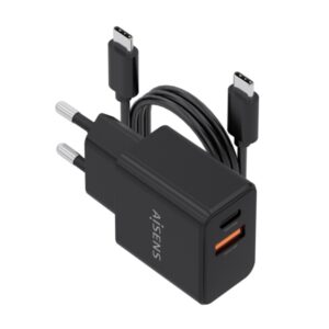 Aisens Cargador Gan 20W - 1xUSB-C PD3.0 - 1xUSB-A QC3.0 - Cable USB-C 1m - Color Negro