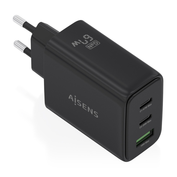 Aisens Cargador GAN 67W - 2x USB-C PD3.0 QC4.0 - 1xUSB-A QC3.0 - Color Negro